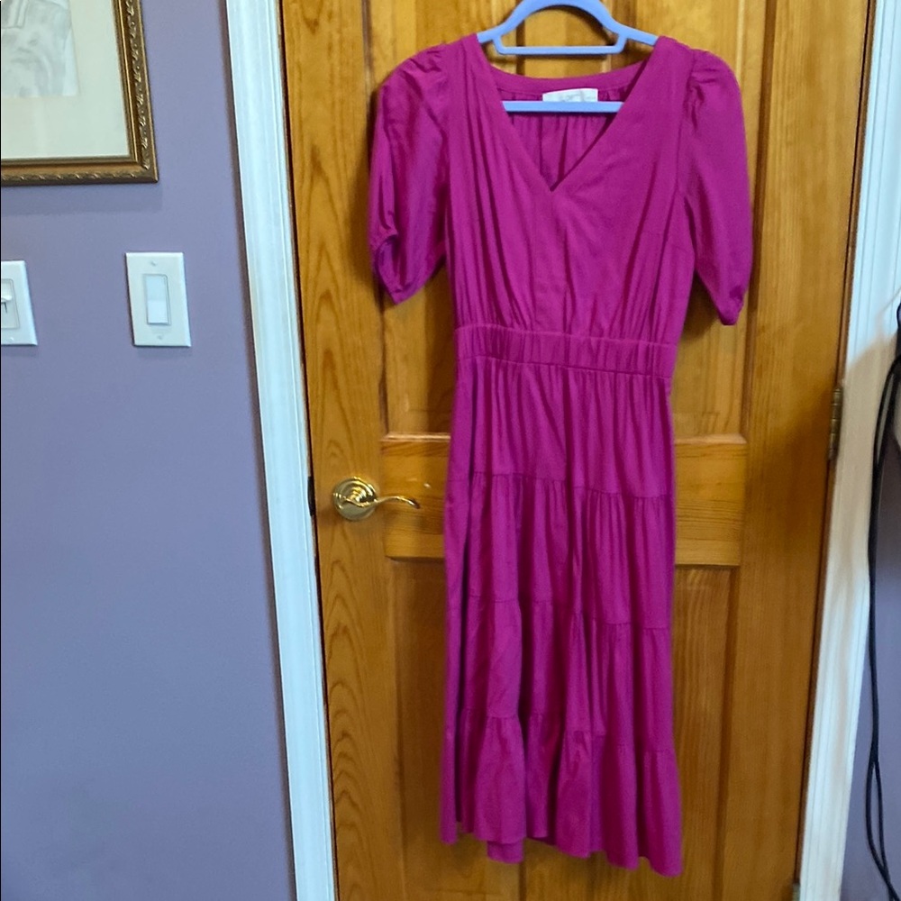 LOFT Pink Midi Sundress with Puff Sleeves and V-Neck